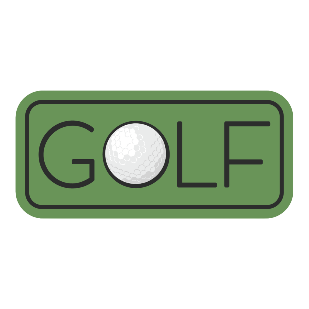 A green rectangular sticker or patch with rounded corners, outlined in black, featuring the word 'GOLF' in black letters with a white golf ball replacing the letter 'O', on a plain white background.