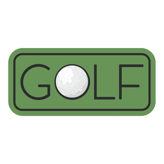 A green rectangular sticker or patch with rounded corners, outlined in black, featuring the word 'GOLF' in black letters with a white golf ball replacing the letter 'O', on a plain white background.