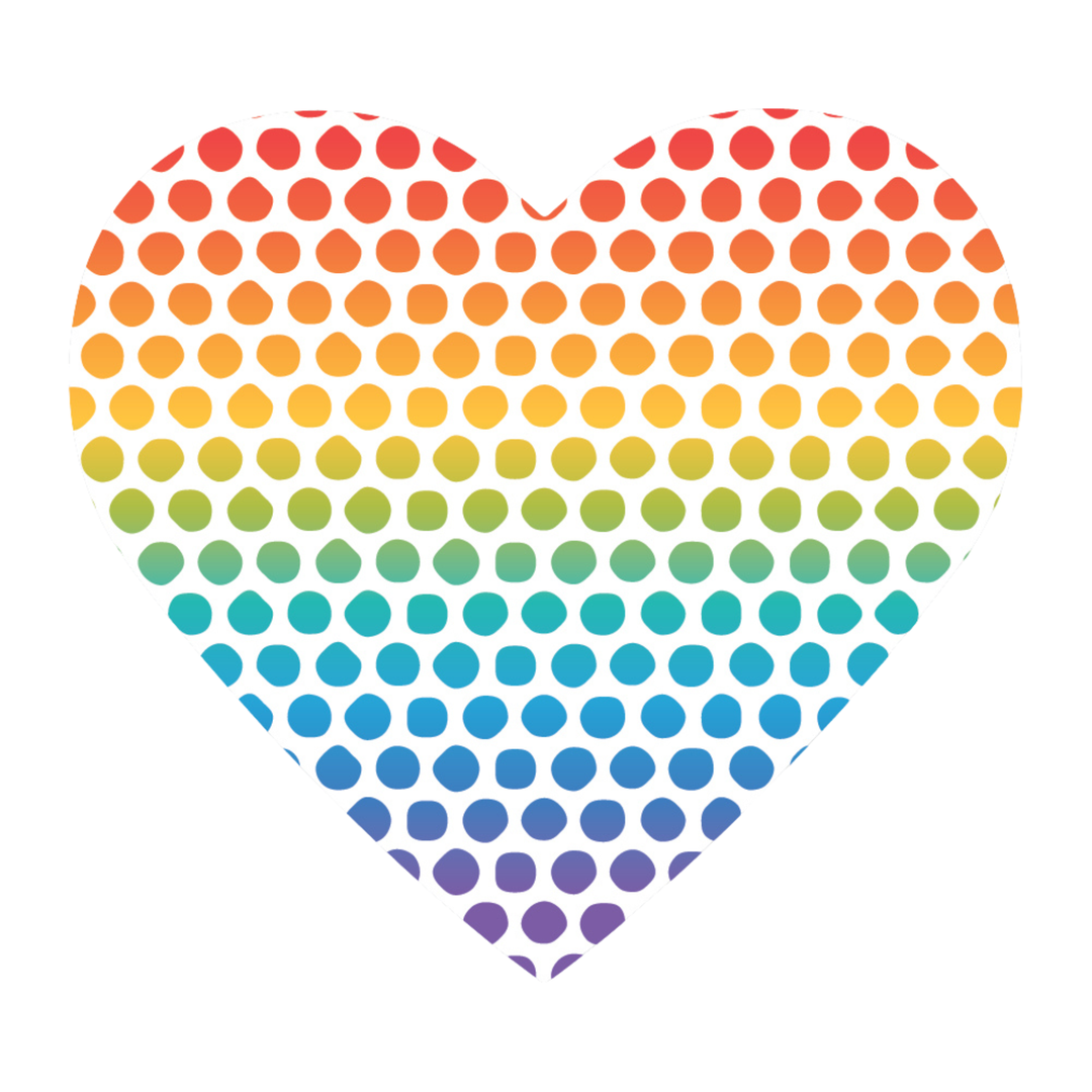 A heart-shaped graphic made of rows of small dots that form a rainbow gradient, transitioning from red and orange at the top through yellow and green to blue and purple, on a plain white background.