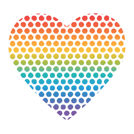A heart-shaped graphic made of rows of small dots that form a rainbow gradient, transitioning from red and orange at the top through yellow and green to blue and purple, on a plain white background.