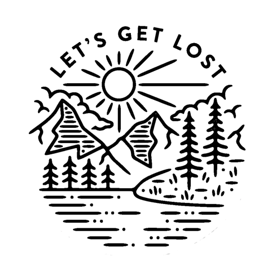 A circular black line art graphic featuring a sun, mountains, trees, birds, and the text 'LET'S GET LOST' on a white background.