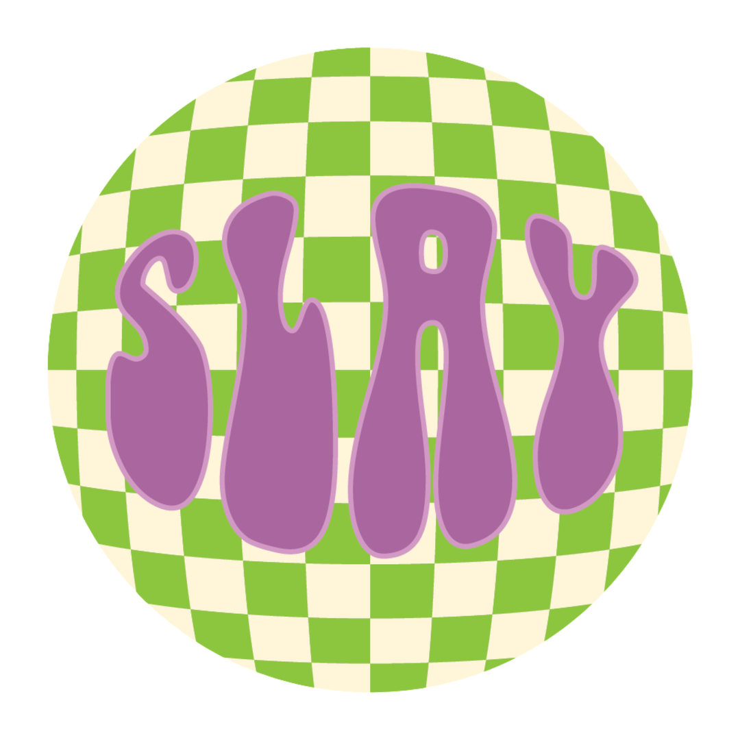 A circular sticker or button design featuring the word 'SURVIVE' in purple dripping letters over a green and cream checkerboard pattern, set against a plain white background.