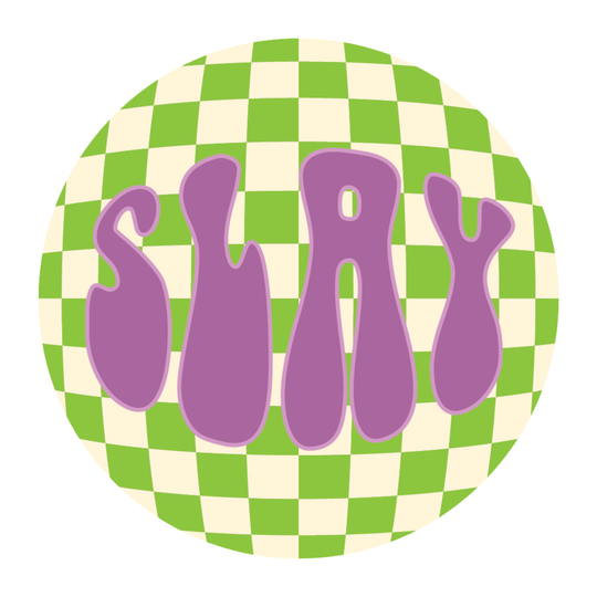A circular sticker or button design featuring the word 'SURVIVE' in purple dripping letters over a green and cream checkerboard pattern, set against a plain white background.