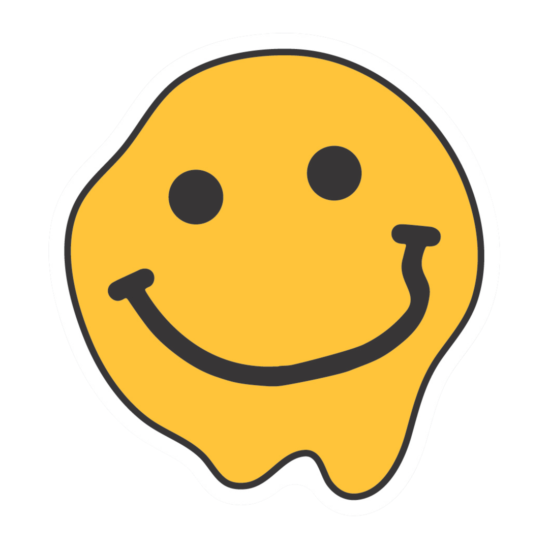 A yellow smiley face sticker with a melting, gooey outline effect, featuring simple black eyes and a curved smile on a plain white background.