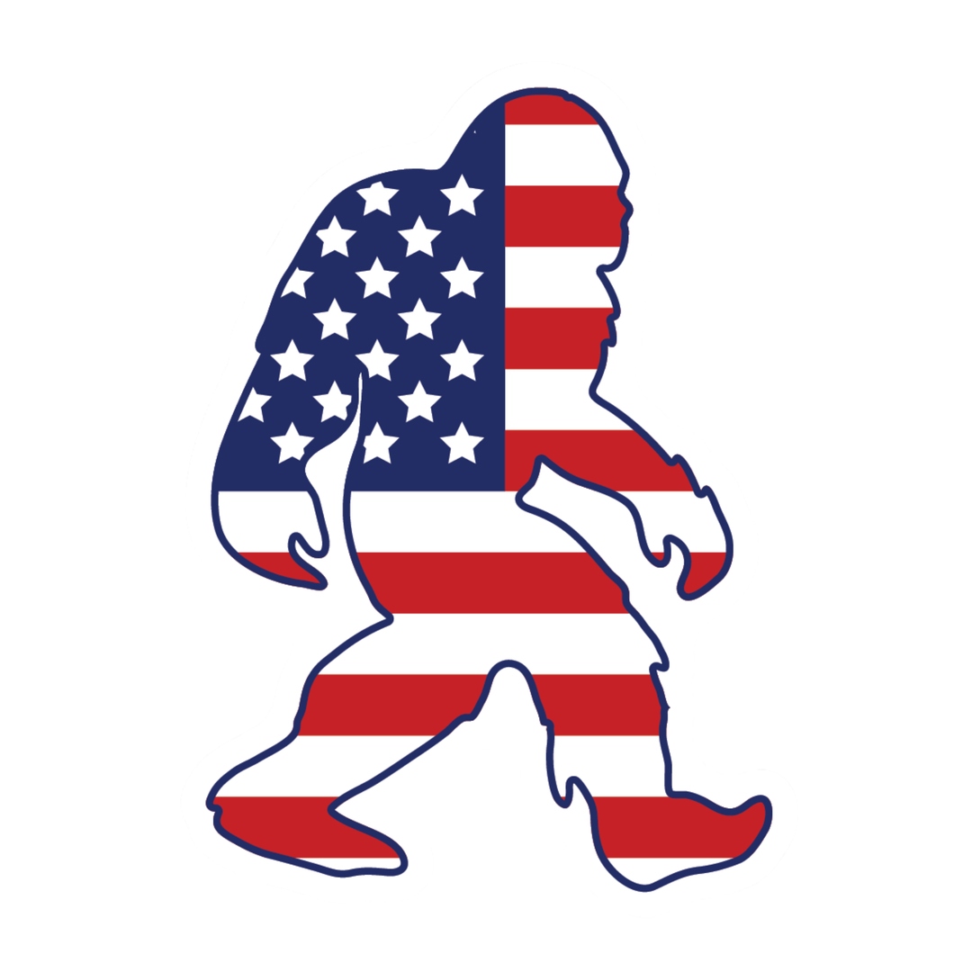 A walking silhouette of Bigfoot filled with an American flag pattern of red and white stripes and white stars on a blue field, shown on a plain white background.