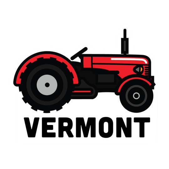 A stylized red tractor illustration with black wheels and the word "VERMONT" in bold black letters below, on a plain white background.
