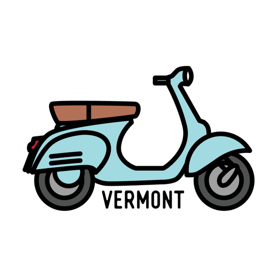 A stylized illustration of a light blue scooter with a brown seat, black tires, and the word 'VERMONT' underneath on a white background.