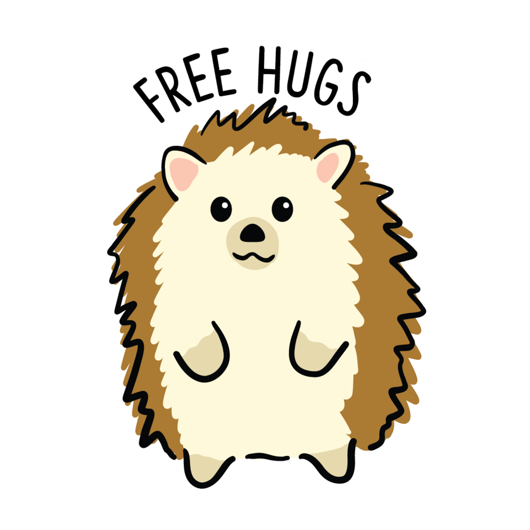 A cute cartoon hedgehog with brown spines, a cream-colored body, and the words 'FREE HUGS' written above in black handwritten-style text, shown on a plain white background.
