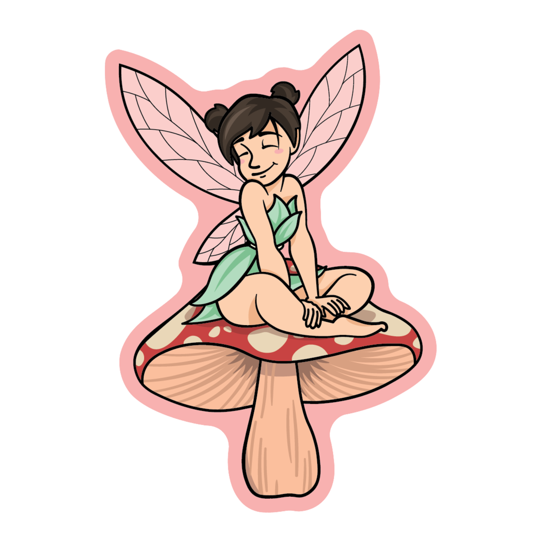 A cartoon-style fairy illustration sitting cross-legged on a red-and-white mushroom, with pink wings and a pink outline, shown on a plain white background.