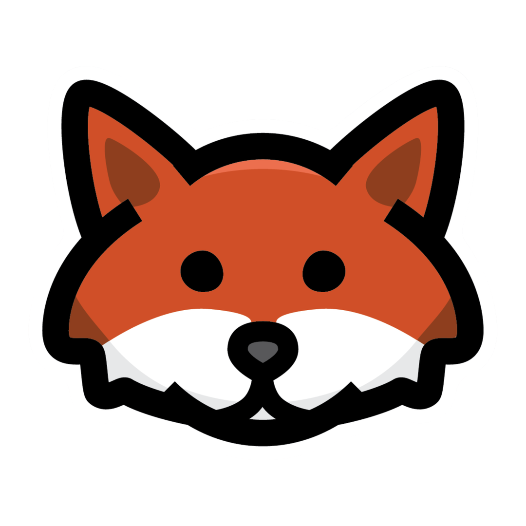 A stylized cartoon fox head icon in orange, white, black, and brown on a plain white background.