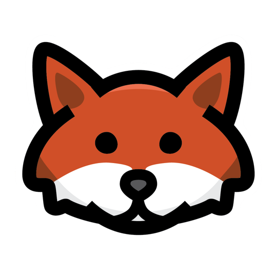 A stylized cartoon fox head icon in orange, white, black, and brown on a plain white background.