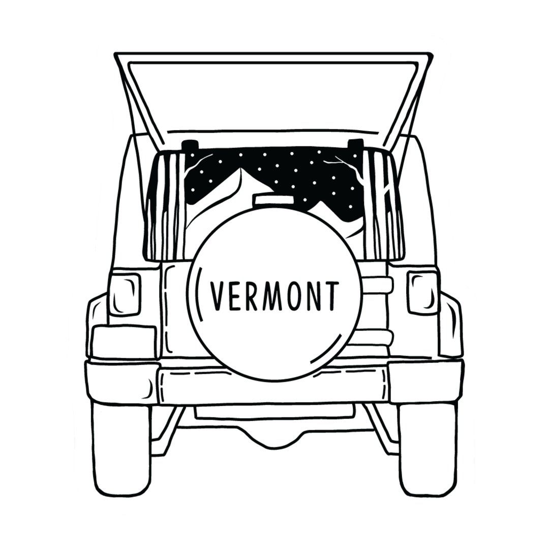Black and white line art illustration of the back of a vehicle with an open trunk, featuring a circular spare tire cover with the word 'VERMONT' on a plain white background.
