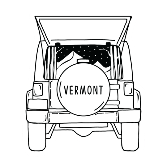 Black and white line art illustration of the back of a vehicle with an open trunk, featuring a circular spare tire cover with the word 'VERMONT' on a plain white background.