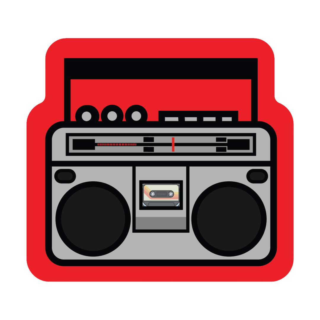 A stylized vector illustration of a vintage boombox radio. The boombox is gray with black details, featuring two large circular speakers, a cassette deck, and a red and black outer shell.