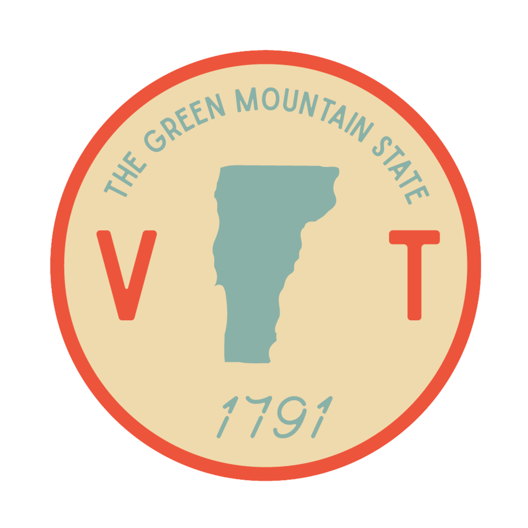 A circular graphic design featuring the outline of Vermont in teal, with the letters V and T in coral on either side, the text 'THE GREEN MOUNTAIN STATE' arched above, and '1791' below on a light beige background with a coral border.