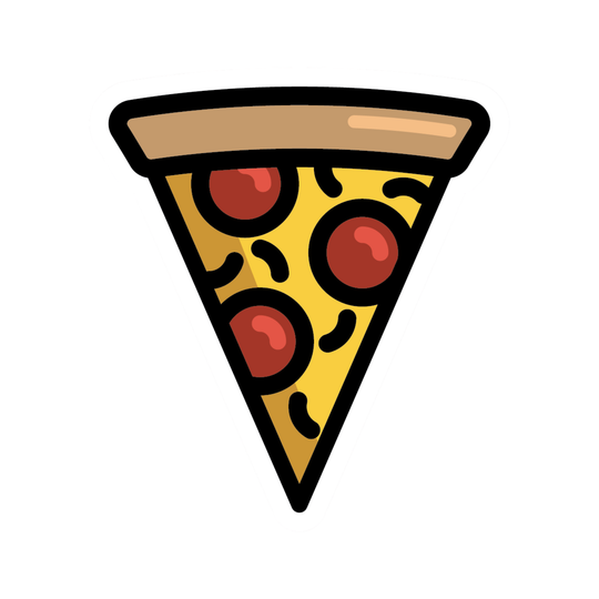 A cartoon-style slice of pizza with a tan crust, yellow cheese, and red pepperoni pieces on a plain white background.