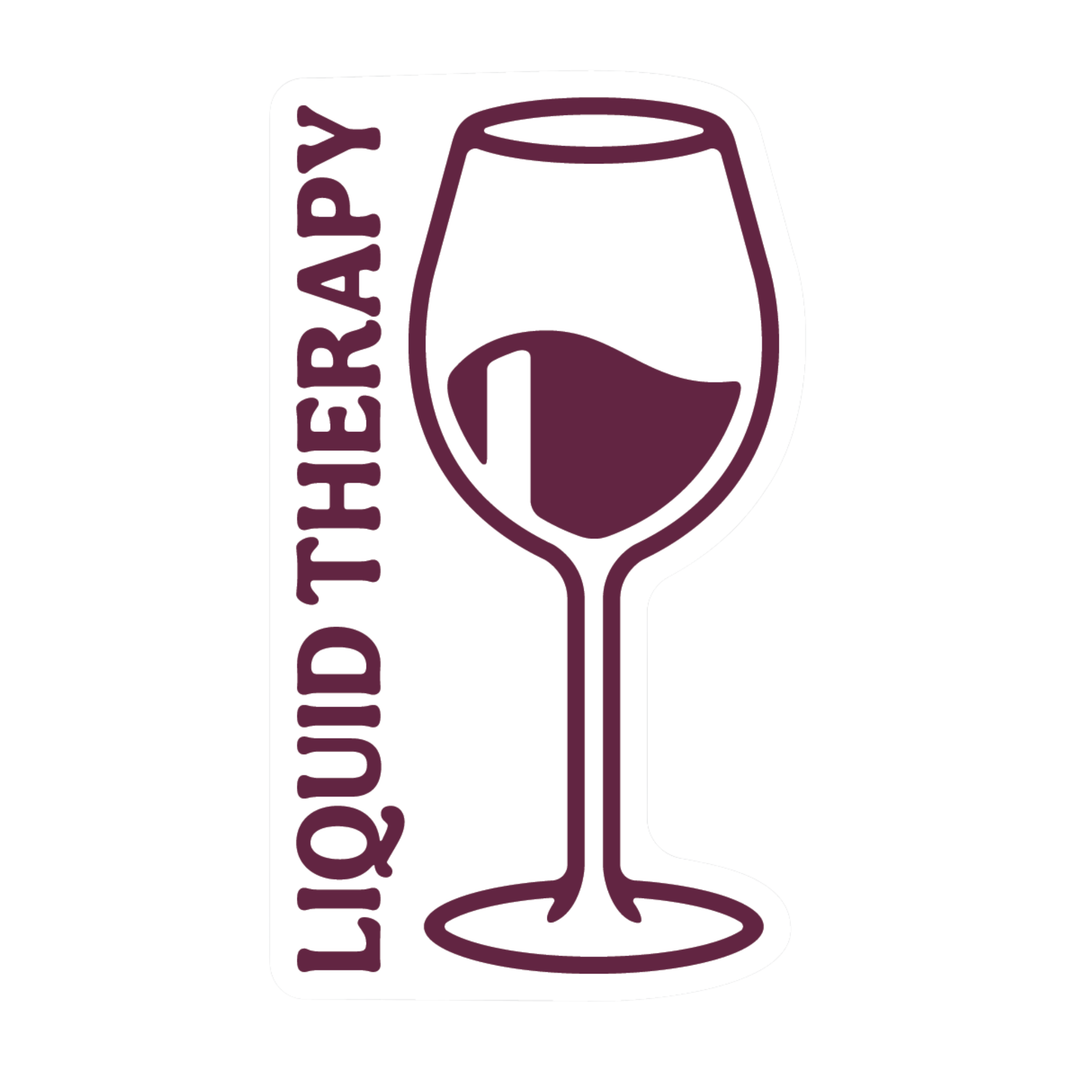 A minimalist logo featuring a wine glass outline filled with a dark burgundy liquid, alongside the vertical text 'LIQUID THERAPY' in the same dark burgundy color, set against a plain white background.