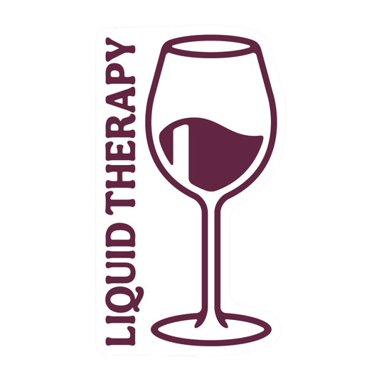 A minimalist logo featuring a wine glass outline filled with a dark burgundy liquid, alongside the vertical text 'LIQUID THERAPY' in the same dark burgundy color, set against a plain white background.