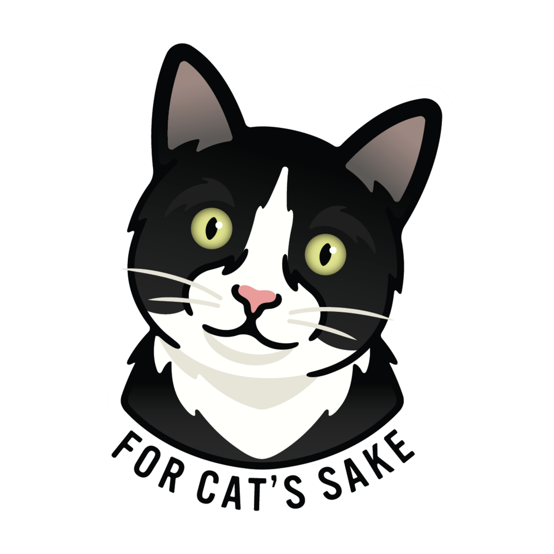 A stylized black-and-white cat face with green eyes and a pink nose, above the text 'FOR CAT'S SAKE' on a plain white background.