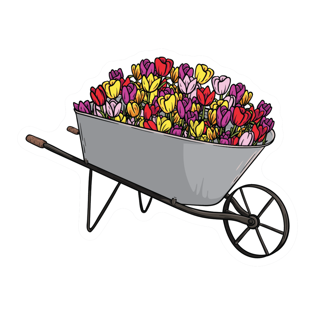 A hand-drawn style illustration of a wheelbarrow filled with a dense bouquet of tulips in red, yellow, purple, and pink, isolated on a white background.