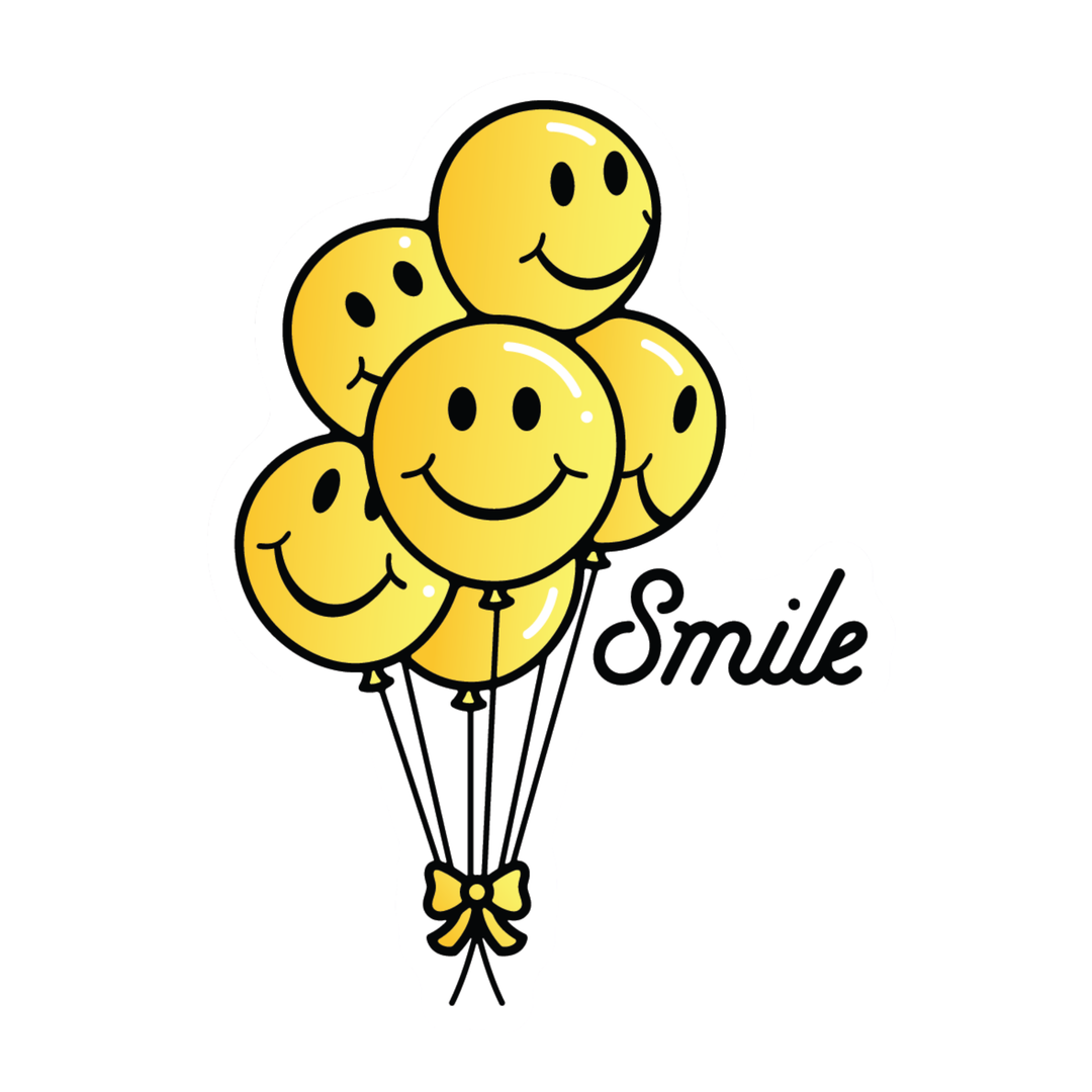 A cluster of yellow smiley face balloons tied together with black strings and a small yellow bow, with the word 'Smile' in black script beside them on a white background.