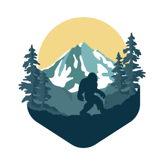 A stylized graphic illustration of a mountain scene with a walking figure silhouette, evergreen trees, and a large pale yellow sun on a white background.