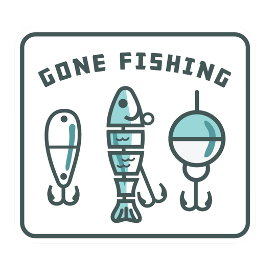 A square graphic with the text 'GONE FISHING' above three simple fishing lure illustrations in muted teal and dark gray on a white background.