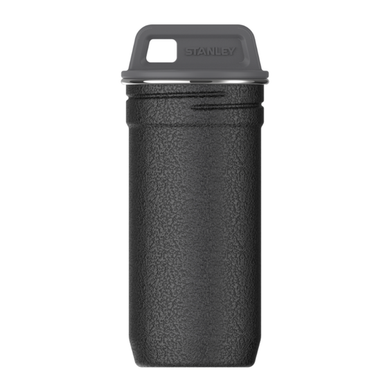 A black textured Stanley travel tumbler with a dark gray lid and carrying loop, shown on a plain white background.