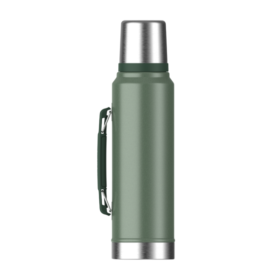A matte sage green vacuum-insulated bottle with a silver stainless steel cap and base, featuring a matching green loop handle, shown on a plain white background.