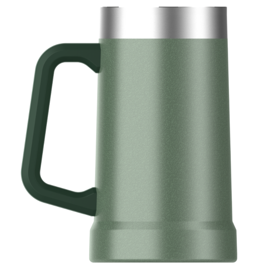 A matte sage green insulated mug with a dark green handle and a brushed silver metal rim, shown against a plain white background.