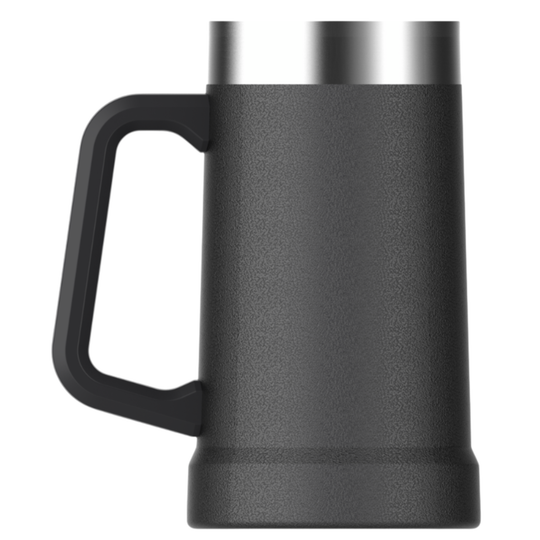 A matte black insulated mug with a thick handle and a brushed silver stainless steel rim, shown against a plain white background.
