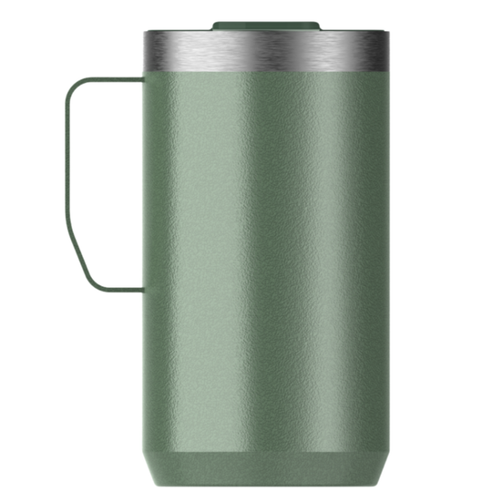 A matte sage green insulated travel mug with a matching handle and a brushed stainless steel rim, shown against a plain white background.