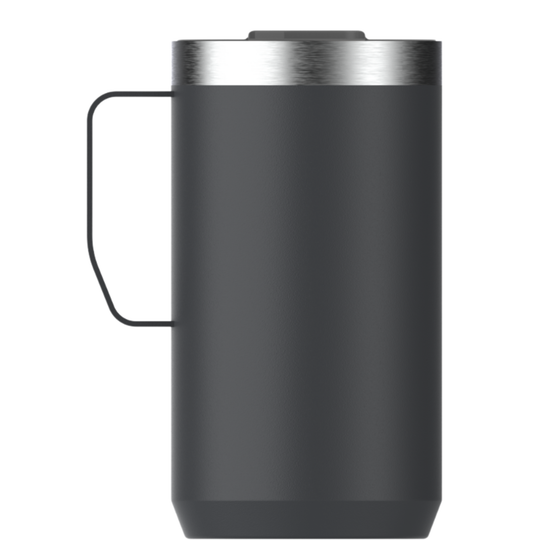 A matte black insulated travel mug with a stainless steel rim and a black metal handle, shown against a plain white background.