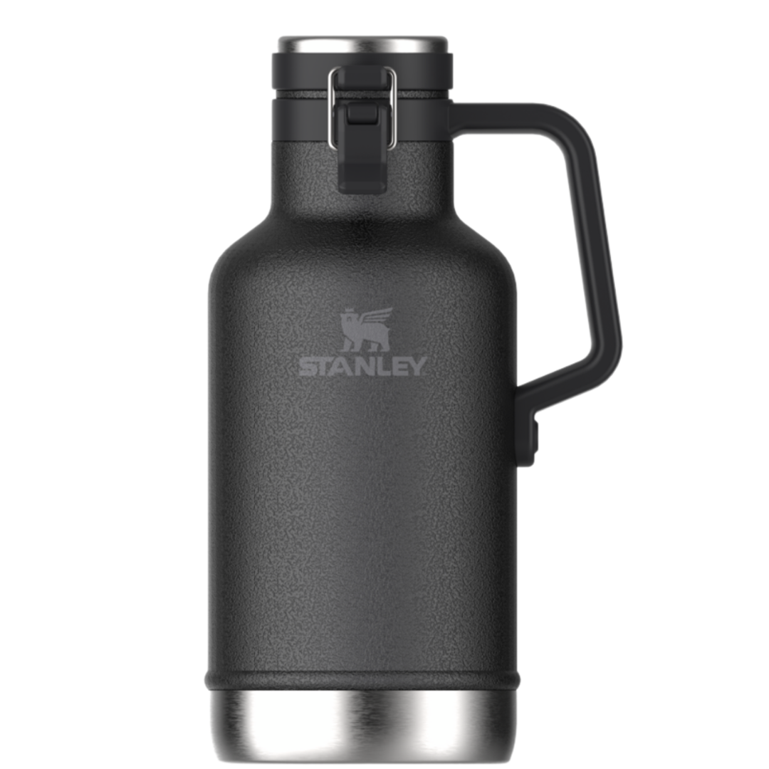 A black Stanley growler bottle with a stainless steel base and lid, featuring a black handle and the Stanley logo on the front, set against a plain white background.