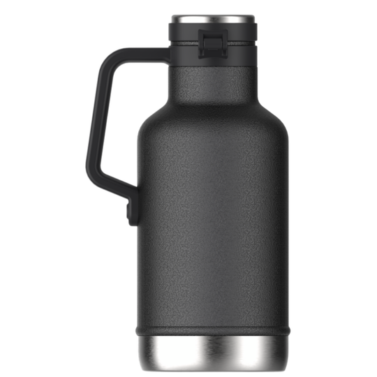 A matte black insulated growler bottle with a stainless steel base and a black carrying handle, shown against a plain white background.