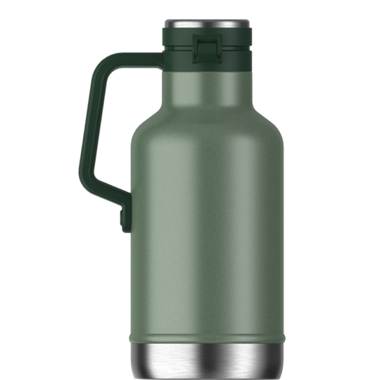A matte sage green insulated water bottle with a dark green handle and stainless steel accents, shown against a plain white background.