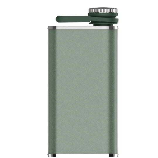 A minimalist, rectangular metal flask in a matte sage green finish, featuring a matching green flip-top straw lid and a silver stainless steel rim at the top, set against a solid white background.