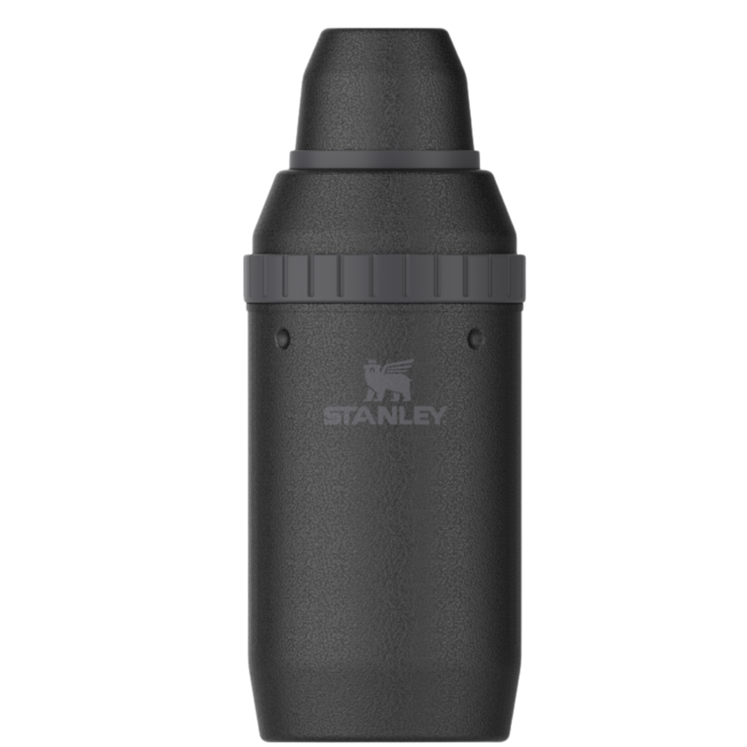 A dark gray metallic Stanley bottle with a textured finish, featuring the Stanley logo on the front, set against a plain white background.