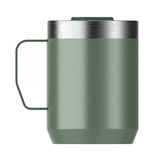 A textured sage green insulated travel mug with a matching green handle and a brushed stainless steel rim, shown on a solid white background.