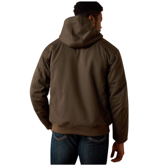 A man viewed from the back wearing a dark brown hooded jacket and blue jeans against a plain white background.
