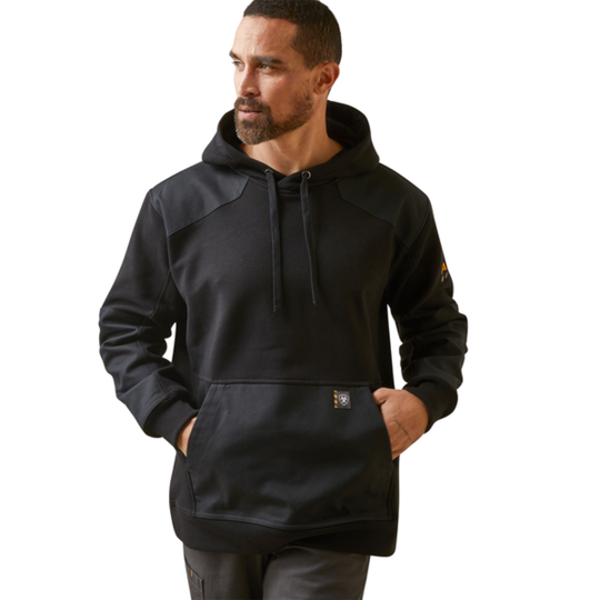 Man wearing a black hoodie with a brand logo on a white background