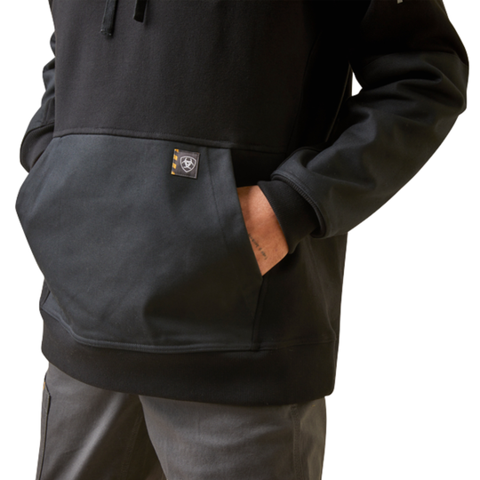 Black hoodie with a brand logo on the chest pocket against a white background