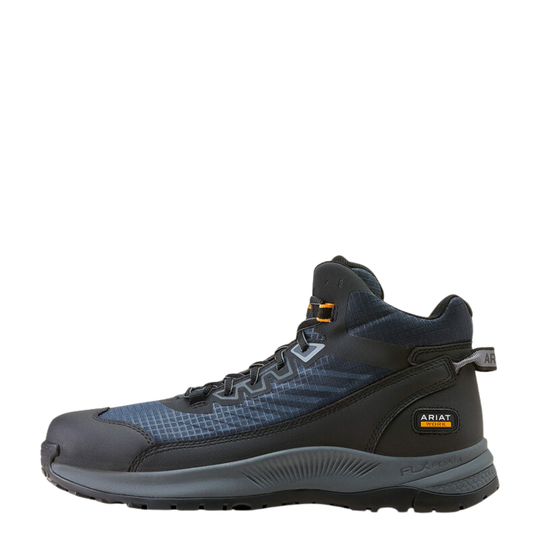 A single Ariat mid-top work boot in dark gray and black with a blue-gray patterned mesh upper, shown from a side profile on a white background.
