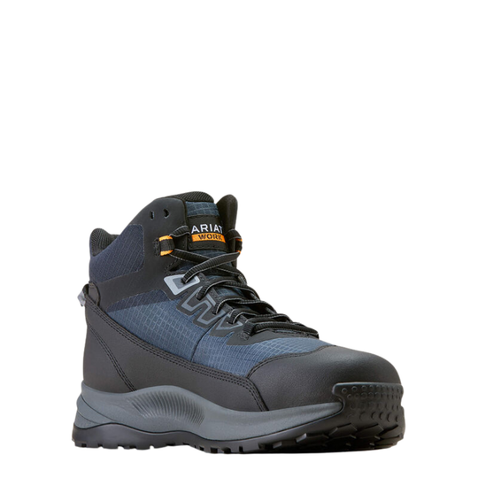 A dark gray and blue high-top work boot by Ariat, featuring a lace-up front, textured synthetic panels, and a thick gray midsole, shown against a plain white background.