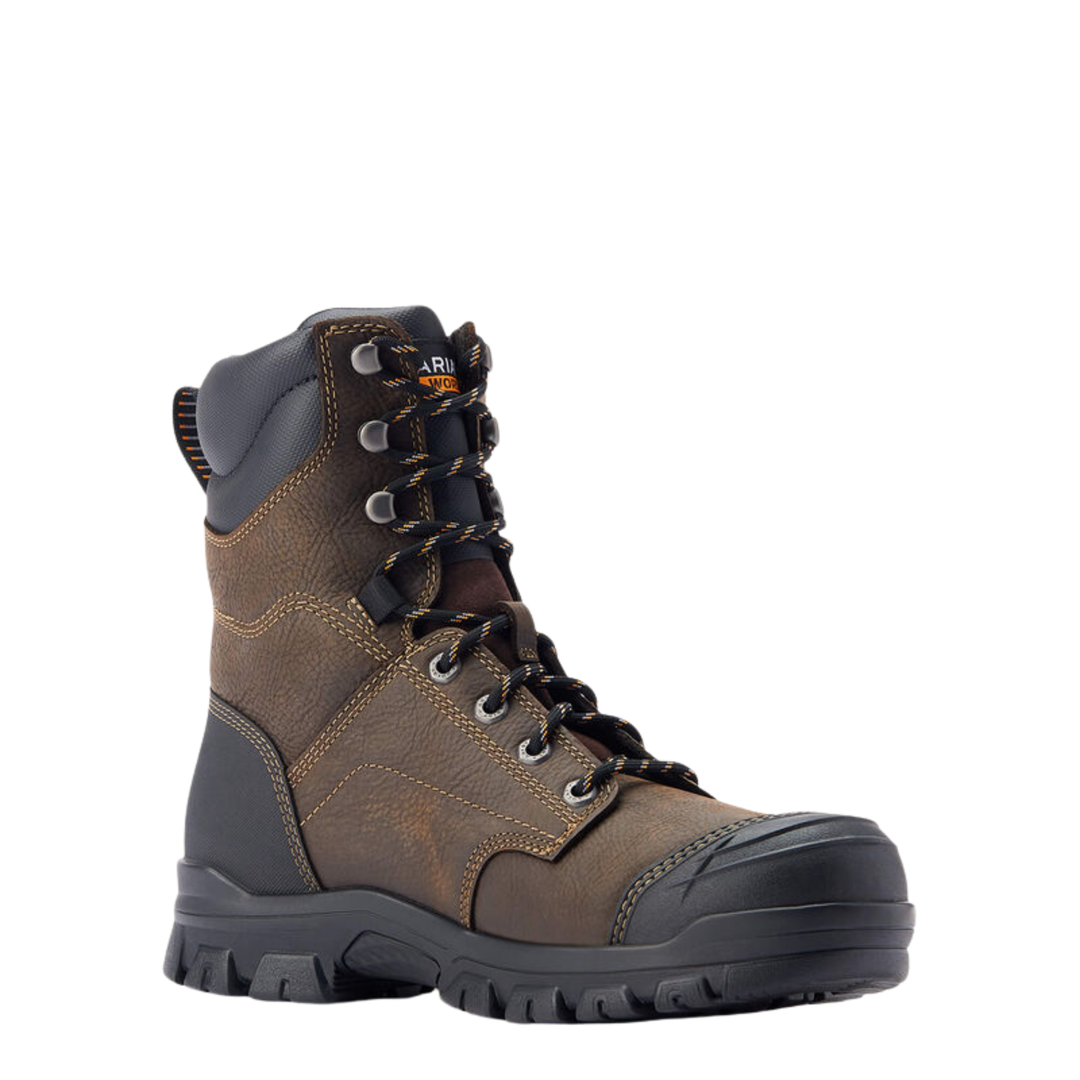 A brown leather lace-up work boot with a black rubber toe cap and sole, shown from a three-quarters angle on a white background.