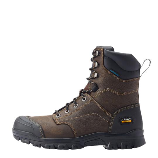 A brown leather Ariat work boot with a black toe cap, black heel, and black laces, shown from a side profile on a white background.