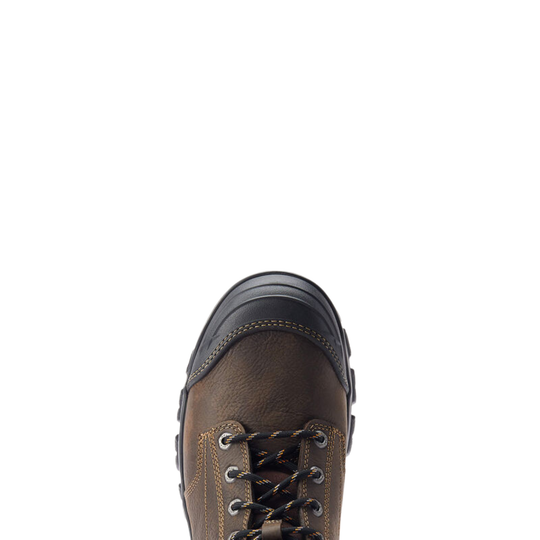 A close-up top-down view of a brown leather lace-up boot with a black rubber toe cap and black laces, set against a solid white background.