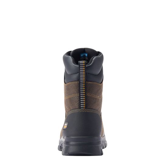 A single mid-cut work boot shown from the back on a solid white background. The boot features a brown textured leather upper with dark gray synthetic overlays, a black outsole, and a vertical zipper with a striped pull tab.