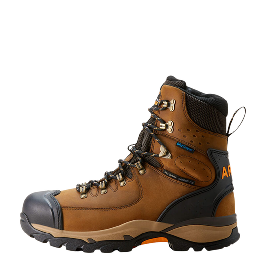 A brown and black high-top work boot with metal eyelets and a rugged sole, shown from a side profile on a white background.