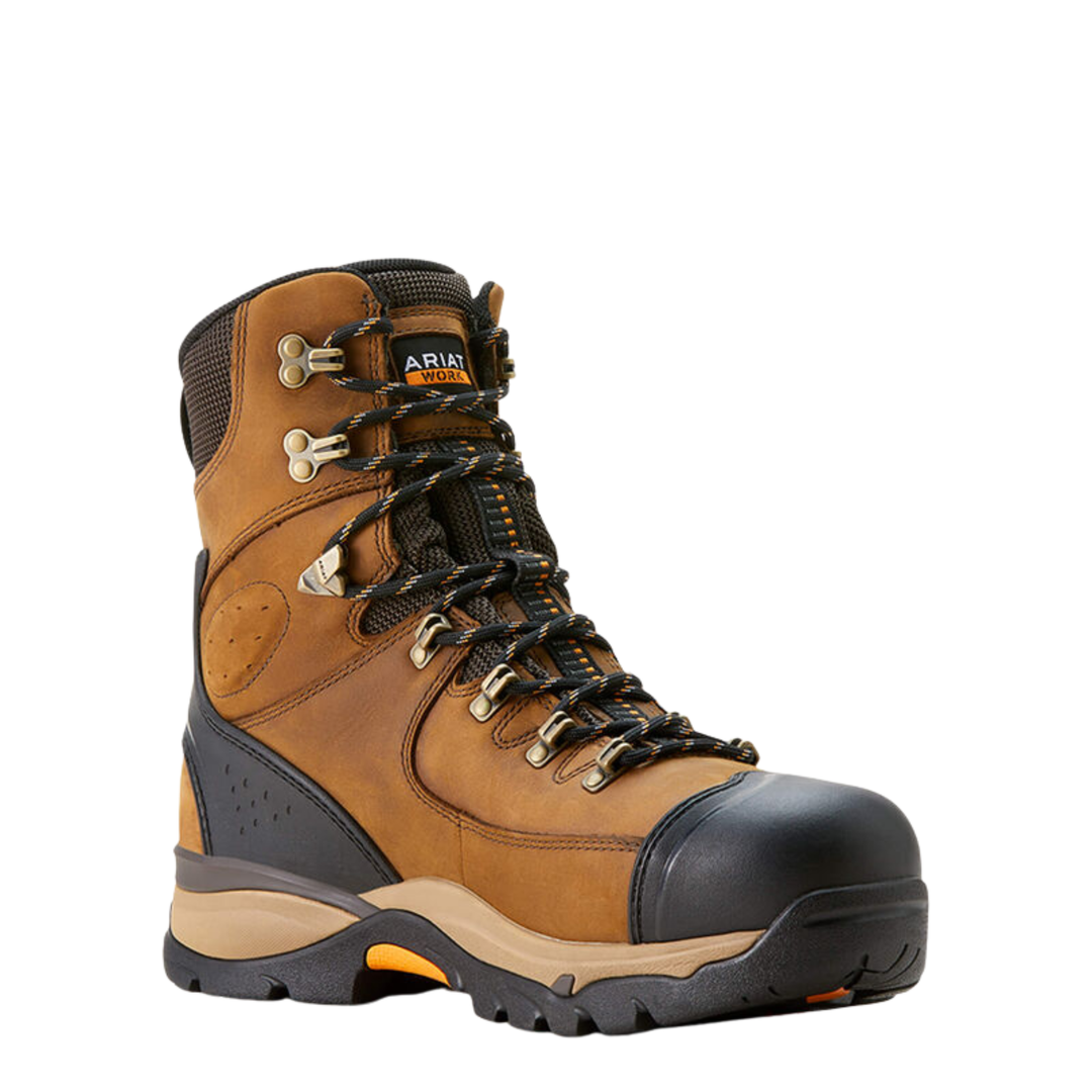 A brown and black Ariat work boot with a tan midsole and silver metal eyelets, shown from a three-quarters angle on a white background.